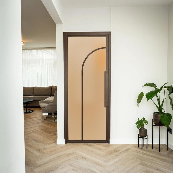 Stalen Binnendeur - Brons - 2 Vlaks rond - Mat glas, Doe-het-zelf en Bouw, Deuren en Vliegenramen, Nieuw, Metaal, Binnendeur, 200 tot 215 cm