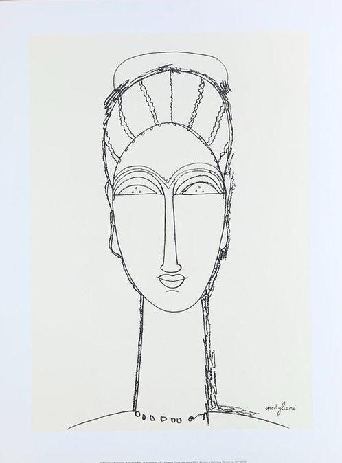 Amedeo Modigliani (after) - Female Face - Print on handmade, Antiquités & Art, Art | Dessins & Photographie