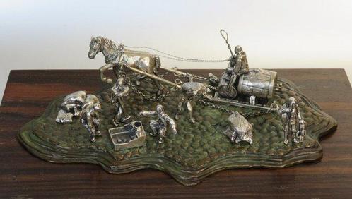 1980 groot zilver werkstuk, tafereel met paard, slede &, Antiek en Kunst, Antiek | Zilver en Goud