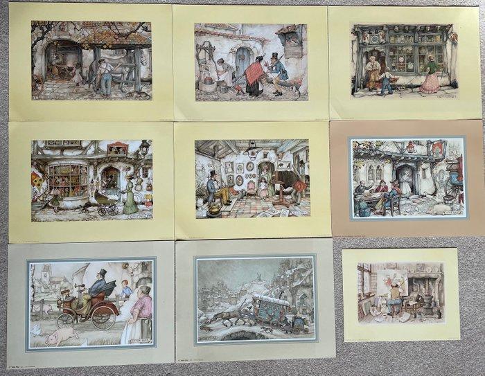 Anton Pieck - 9 prints, incl. Toyshop, Artist, Blacksmith,, Antiek en Kunst, Antiek | Boeken en Manuscripten