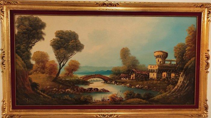 M. Santini (XX) - Paesaggio romantico - XL format, Antiquités & Art, Art | Peinture | Classique
