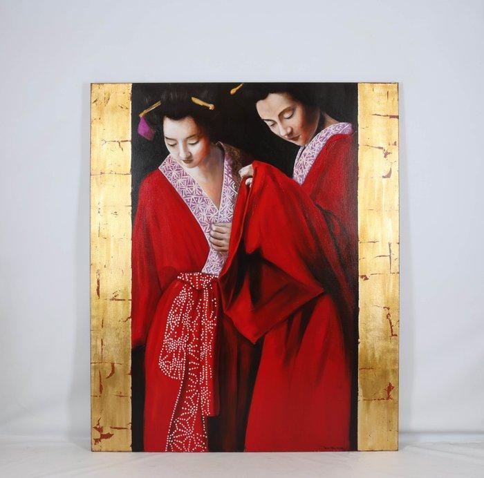 Louis Nagelkerke (1949) - Twee vrouwen in kimono, Antiquités & Art, Art | Peinture | Moderne