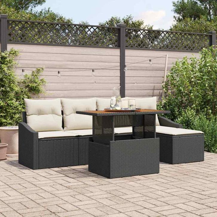 vidaXL Tuin Eettafel Set met kussen 6 pcs Zwart en Crème, Tuin en Terras, Tuinsets en Loungesets, Nieuw, Verzenden