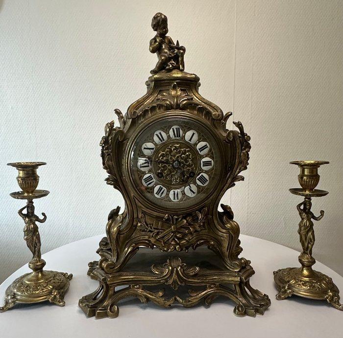 Klok en garnituur set (3) - Messing, Zinklegering -, Antiek en Kunst, Antiek | Klokken
