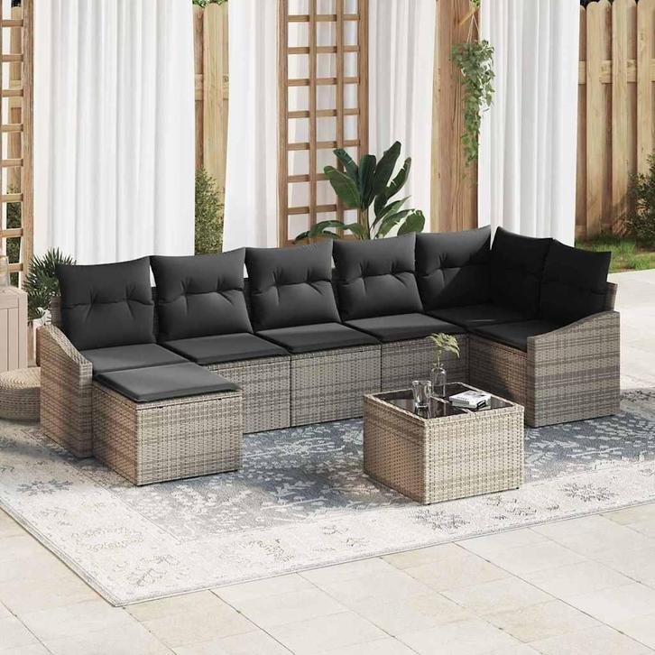 vidaXL Tuinbank Set 8 pcs Grijs Poly rattan, Tuin en Terras, Tuinsets en Loungesets, Nieuw, Verzenden