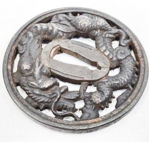 Antieke Japanse ijzeren tsuba – drakendecoratie, Antiek en Kunst, Antiek | Overige Antiek