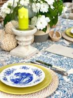Blauwe en witte toile de Jouy voor grote tafels. -