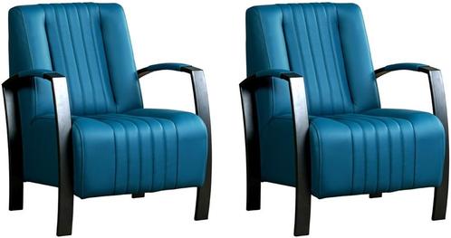 Set van 2 Blauwe leren industriële stalen stoels - Toledo, Huis en Inrichting, Fauteuils, 50 tot 75 cm, 75 tot 100 cm, Nieuw, Leer