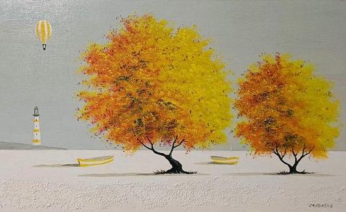 Andrea Candreva (XX) - Spiaggia con alberi e barche, Antiquités & Art, Art | Peinture | Classique