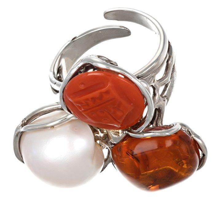 Zonder minimumprijs - Ring Zilver, Perla - Corallo - 1.95ct., Handtassen en Accessoires, Ringen