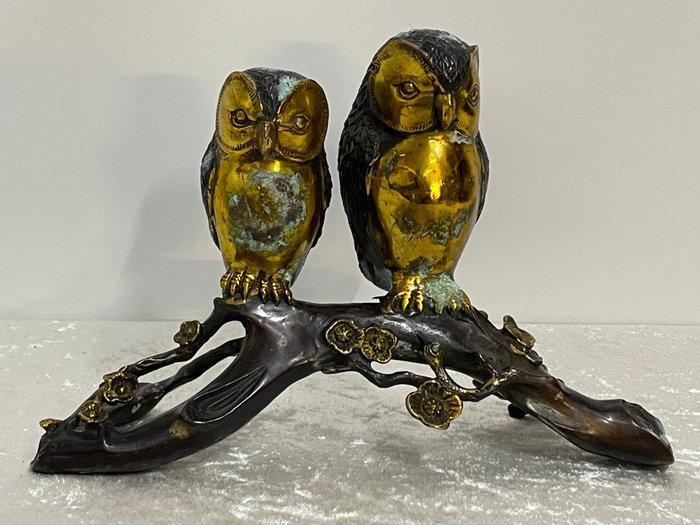 Beeld, Bronzen Uiltjes op Tak - 16 cm - Brons, Antiek en Kunst, Curiosa en Brocante