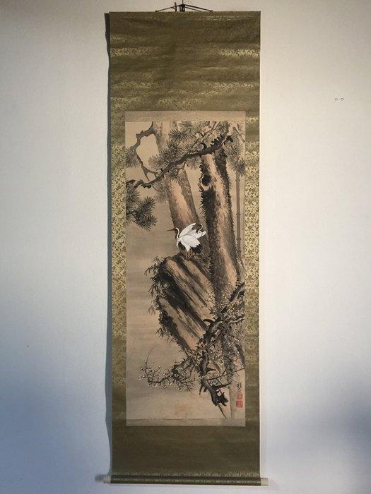 Crane on a tree / Japanese Vintage Hanging Scroll KAKEJIKU /, Antiek en Kunst, Antiek | Overige Antiek