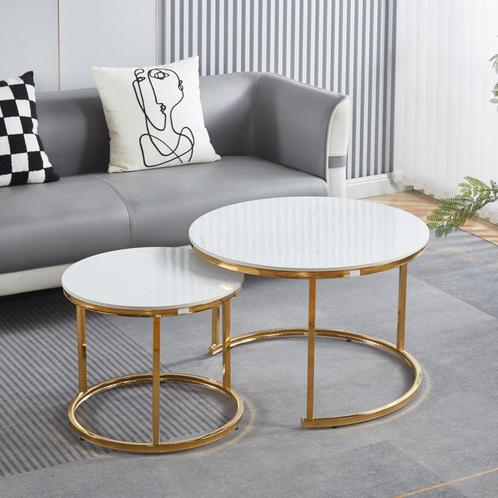 Salontafel Goud glazend poten - STEEN marmerlook - 70 x 50cm, Huis en Inrichting, Tafels | Salontafels, 50 tot 100 cm, Rond, Nieuw