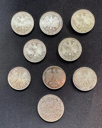 Duitsland. Lot of 9 coins, incl. silver: 5, 10 Deutsche Mark