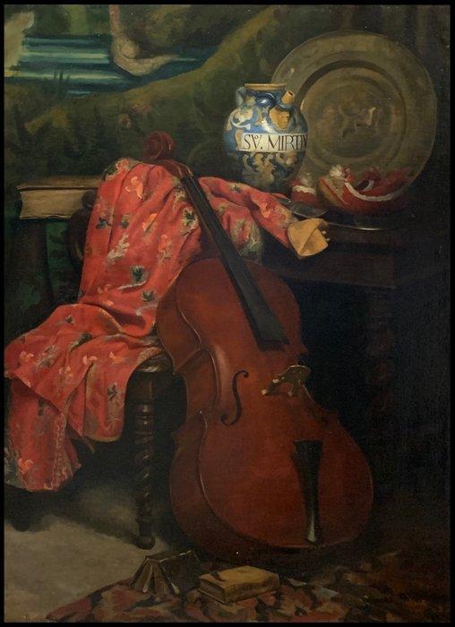 École Française (XIX) - Vanitas du Violoncelle - cm 145x110, Antiek en Kunst, Kunst | Schilderijen | Klassiek