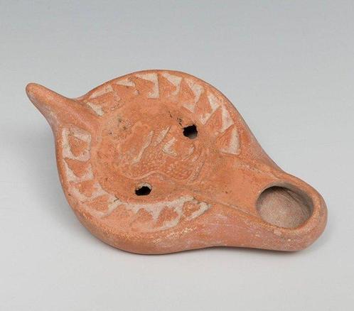 Romain antique Lampe à huile en terre cuite avec cheval Avec, Verzamelen, Mineralen en Fossielen