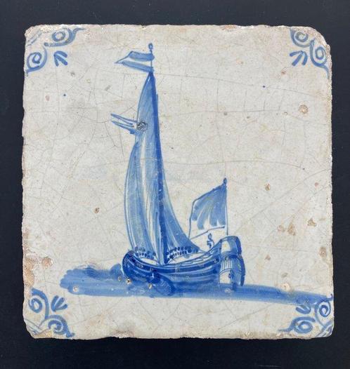 Tegel - Antieke Delfts blauwe tegel met een groot zeilschip, Antiek en Kunst, Antiek | Glaswerk en Kristal