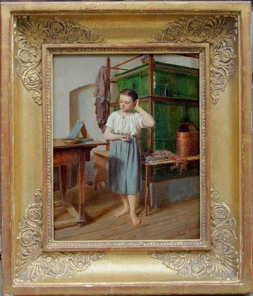 Ludwig Graf (1838-1894) - Peasant girl decorates herself, Antiek en Kunst, Kunst | Schilderijen | Klassiek