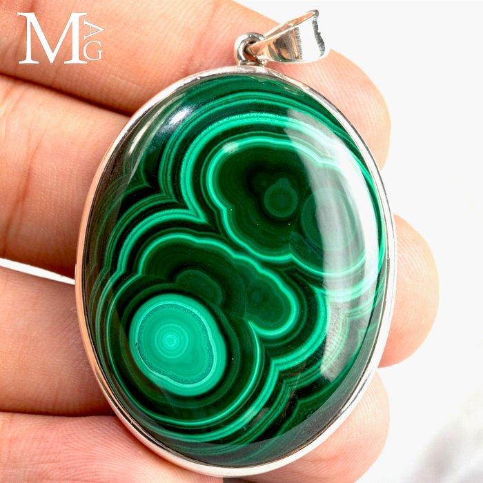 Zilveren hanger met malachiet cabochon – Een juweel van, Verzamelen, Mineralen en Fossielen