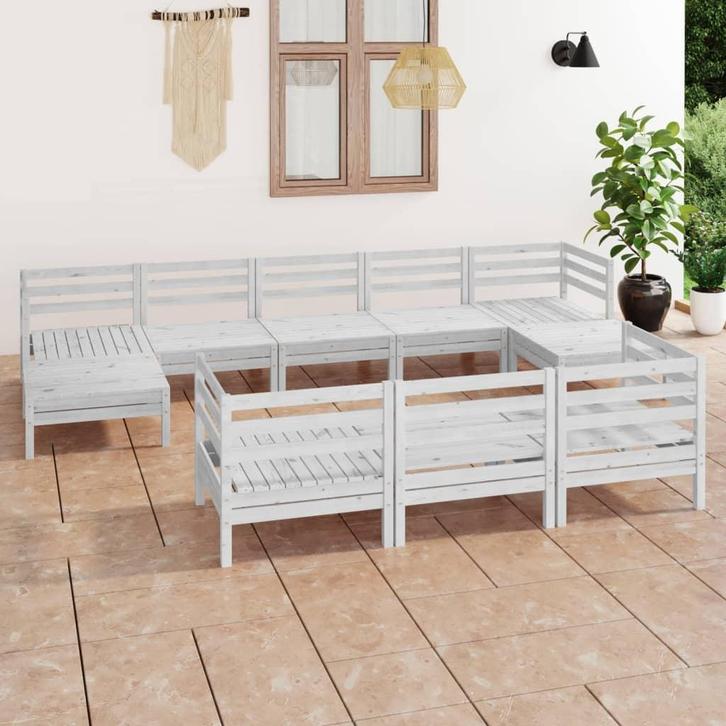 vidaXL 3083385  10-delige Tuin Lounge Set Wit Stevig Hout, Tuin en Terras, Tuinsets en Loungesets, Nieuw, Verzenden
