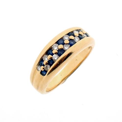 18 Krt. Gouden dubbele rijring met saffier en diamant | c..., Handtassen en Accessoires, Ringen, Dame, Met edelsteen, Overige kleuren