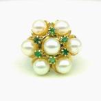 Bague - 18 carats Or jaune Perle - Émeraude