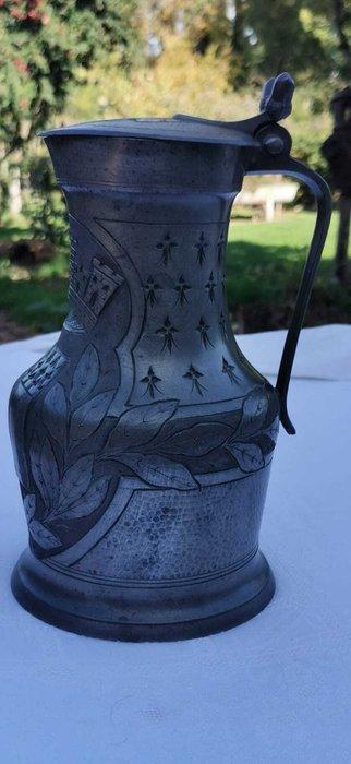 Kruik - Prachtige oude tinnen kan met gravures – met, Antiek en Kunst, Antiek | Overige Antiek