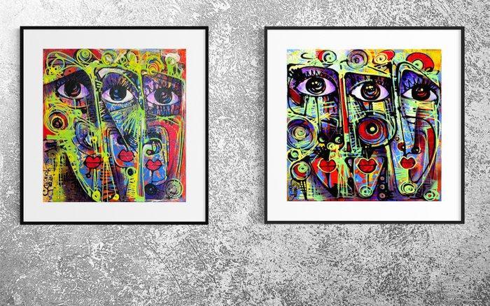 Simeon Gonzales - Juntos en tiempos de Amor -DIPTICO, Antiquités & Art, Art | Peinture | Moderne