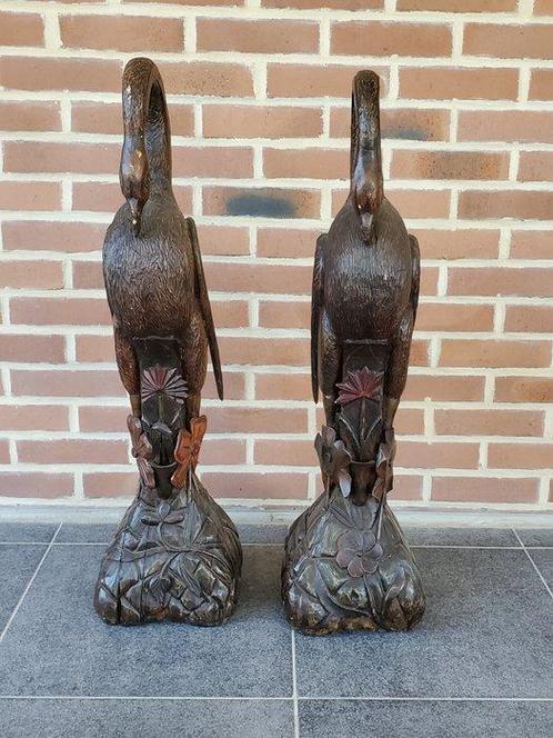 Sculpture, paire de flamant rose - 86 cm - bois polychrome, Antiek en Kunst, Antiek | Keramiek en Aardewerk