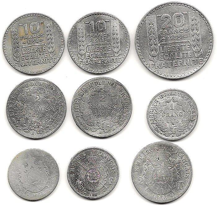 Frankrijk. Lot de 9 monnaies en argent (1 Franc a 20 Francs), Postzegels en Munten, Munten | Europa | Niet-Euromunten