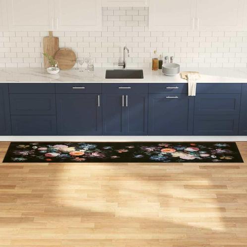 vidaXL Keuken Mat Bloemen Zwart 300 x 60 cm Fluweel, Tuin en Terras, Deurmatten, Nieuw, Verzenden