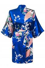 KIMU® Kimono Konings Blauw Kort S-M Yukata Satijn Boven de K, Nieuw, Ophalen of Verzenden