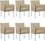 Set van 6 Taupe leren moderne kuipstoel - poot rond inox met, Nieuw, Vijf, Zes of meer stoelen, Modern, Leer