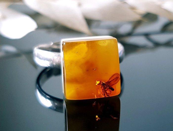 Bague en ambre naturel balte rare avec inclusion dinsecte, Verzamelen, Mineralen en Fossielen