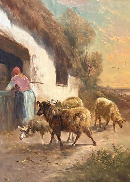 Henri Schouten (1857-1927) - Boerin met Schapen aan stal, Antiek en Kunst, Kunst | Schilderijen | Klassiek