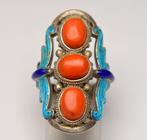 Corail rouge - Argent - Bague - Émail cloisonné