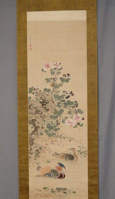 Hibiscus en mandarijneenden - Met handtekening van Chikud, Antiek en Kunst, Antiek | Overige Antiek