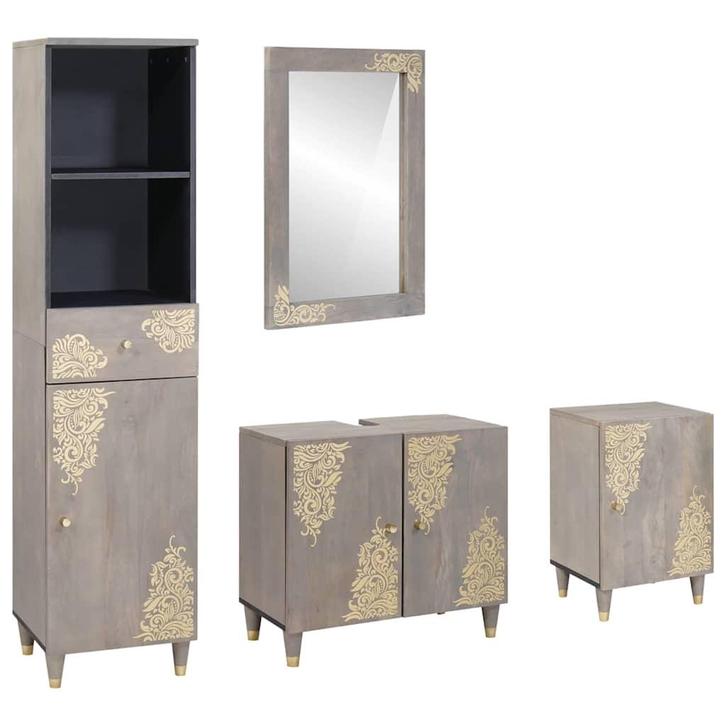 vidaXL Badkamerkast set met lade 4 pcs Grijs Massief Mango, Huis en Inrichting, Badkamer | Badkamermeubels, Nieuw, Verzenden