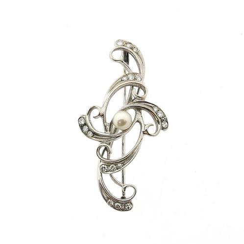 Witgouden broche gezet met parel en diamant | 0,27ct., Handtassen en Accessoires, Broches, Overige kleuren, Gebruikt, Met edelsteen