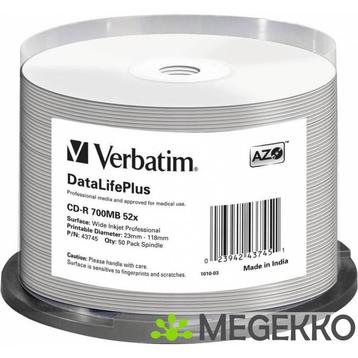 Verbatim CD-R 52X 50st. No-ID Spindle Printable, Verzenden
