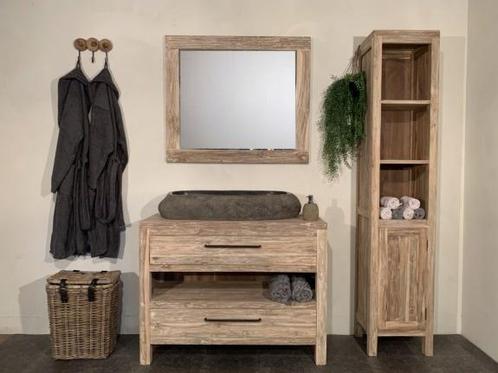 Badmeubelset hout 110cm White Wash incl  kast, spiegel &, Huis en Inrichting, Badkamer | Badkamermeubels, Ophalen of Verzenden