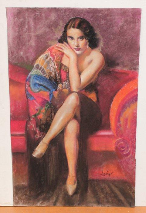 Domingo Alvarez Gomez (1942) - NO RESERVE - Mujer en el sofá, Antiek en Kunst, Kunst | Schilderijen | Klassiek