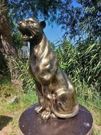 Beeld, 80 cm high garden statue panther in gold bronze color