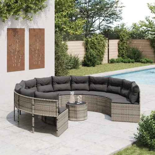 vidaXL Tuinbank met tafel en kussens rond poly rattan grijs, Tuin en Terras, Tuinsets en Loungesets, Nieuw, Verzenden