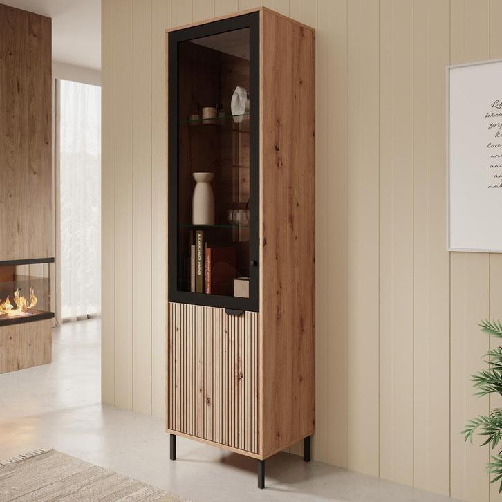 Meubella | Vitrinekast eiken zwart 55cm Glazen opbergkast, Huis en Inrichting, Kasten | Vitrinekasten, 25 tot 50 cm, Nieuw, 50 tot 100 cm