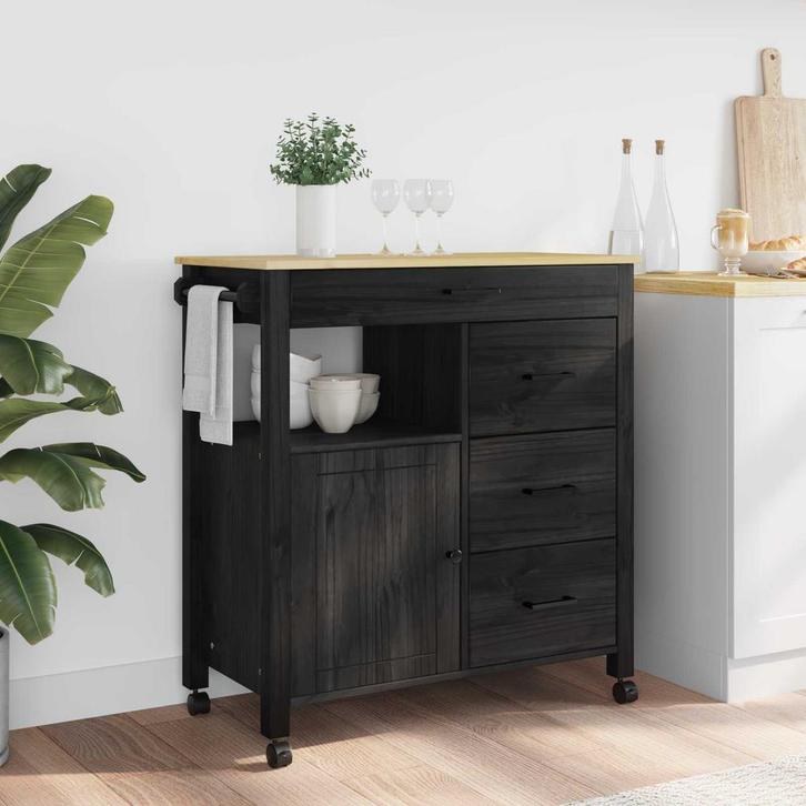vidaXL Keuken Trolley Zwart 88,5 x 40 x 84 cm Massief, Huis en Inrichting, Keuken | Keukenbenodigdheden, Nieuw, Verzenden