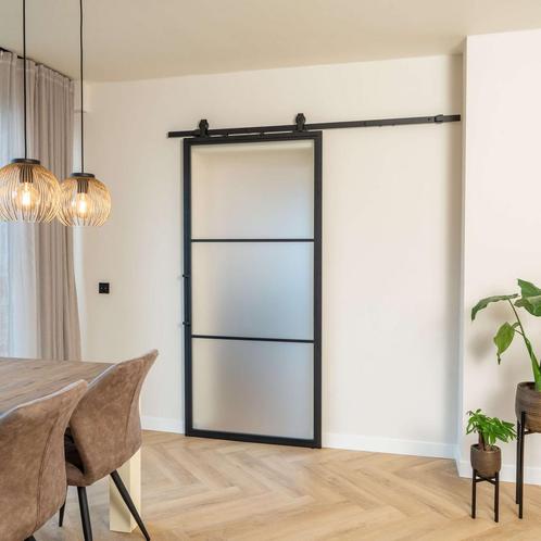Stalen Schuifdeur - 3 Vlaks - Mat glas, Doe-het-zelf en Bouw, Raamkozijnen en Schuifdeuren, Inclusief glas, Nieuw, Metaal, 150 tot 225 cm