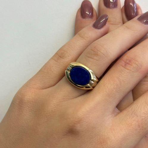 Ring - 18 karaat Geel goud Lapis lazuli, Handtassen en Accessoires, Ringen