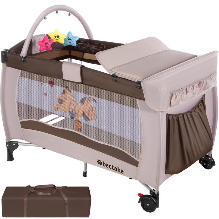 tectake Reisbed hondje 132x75x104cm met commode en tas - bru, Kinderen en Baby's, Babywiegjes en Ledikanten, Verzenden