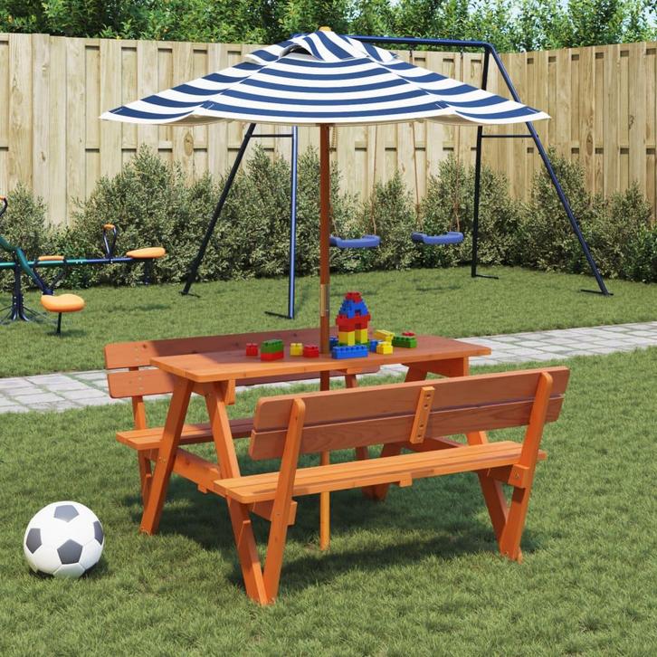 vidaXL Picknicktafel voor 4 kinderen met parasol massief, Tuin en Terras, Tuintafels, Nieuw, Verzenden